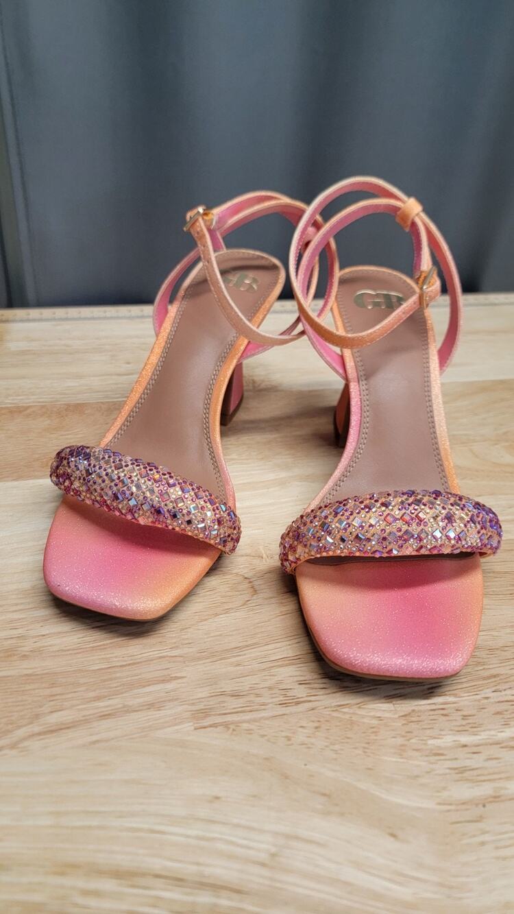 GB Razl-Dazl Rhinestone Sculpted High Heel Dress Sandals - Pink Gold, Size 8M